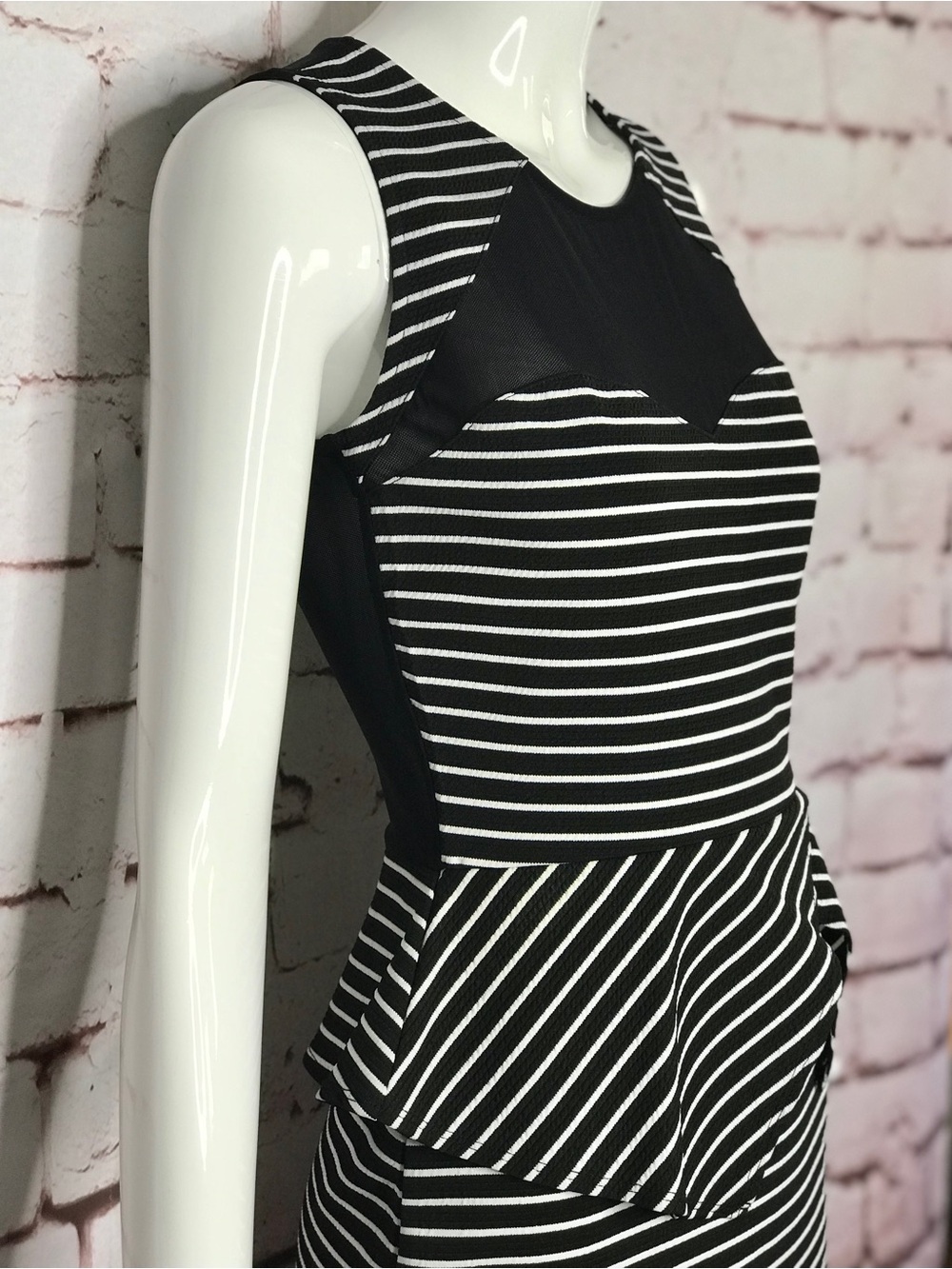 MATERIAL GIRL S Peplum Mesh Back Sleeveless Black & White Stripe Dress Small NWT - Picture 16 of 16